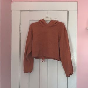 Salmon cropped teddy jacket hoodie.